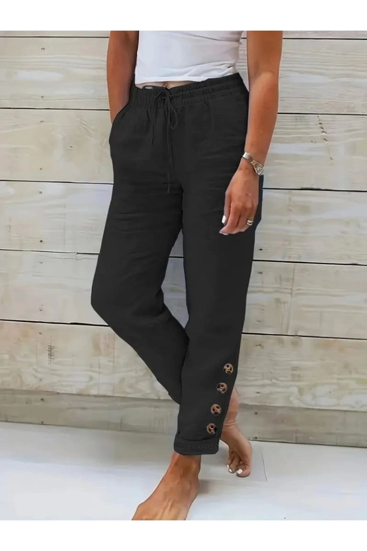 Butik Kadın Yüksek Bel Lastikli Yandan Düğmeli Ithal Keten Pantolon