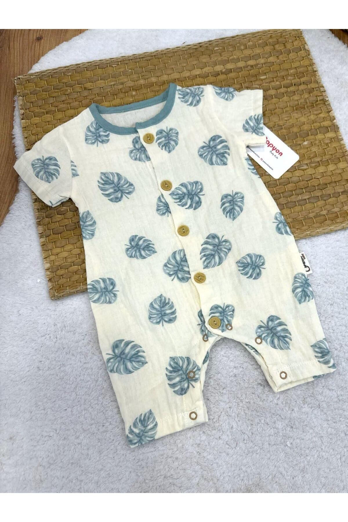 Papyon Baby Kids Yaprak Desenli Erkek Bebek Yazlık Müslin Tulum (3-6/6-9/9-12/12-18 Ay)