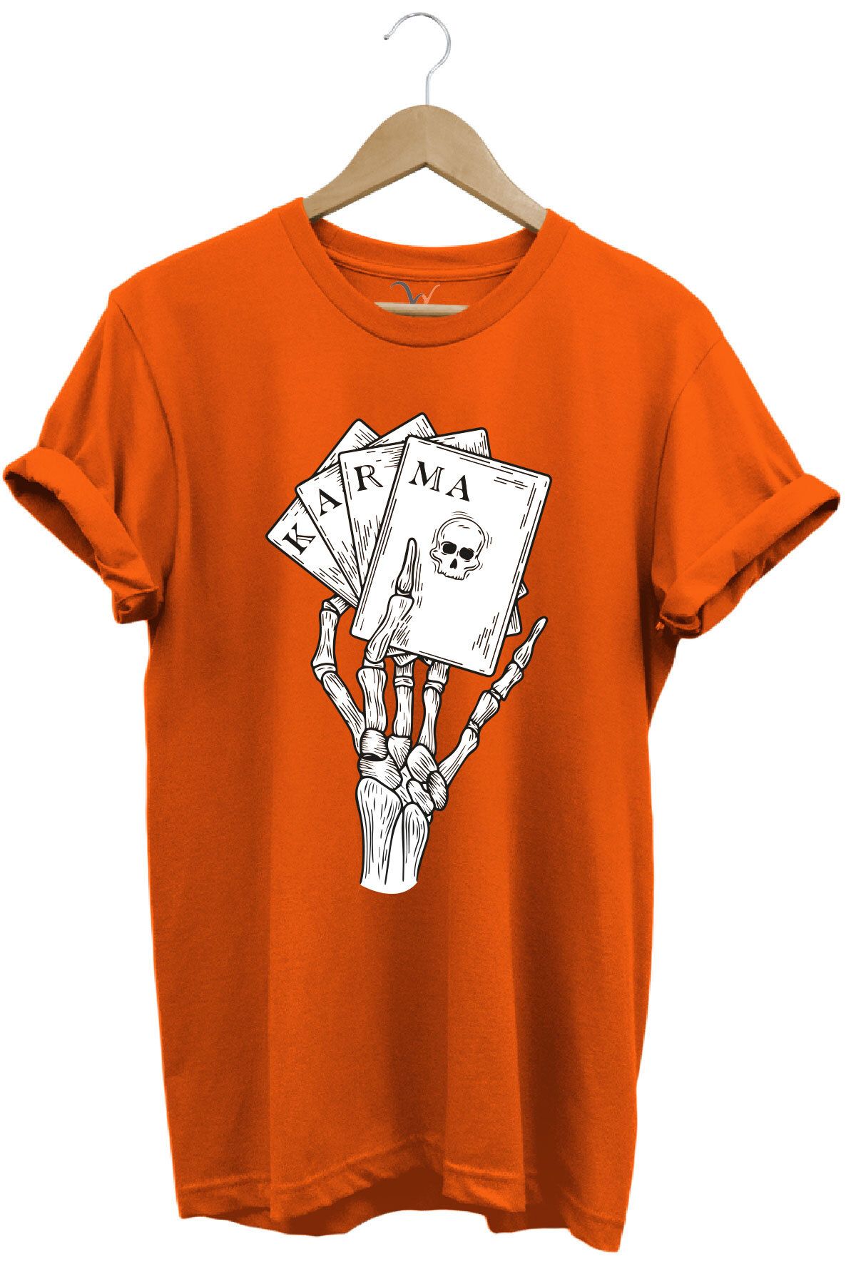 onsrawear Gotik Karma İskelet El Poker Kartları Baskılı Unisex %100 Pamuk Basic Bisiklet Yaka T-shirt