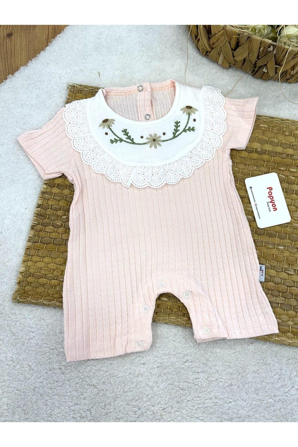 Papyon Baby Kids Çiçek Nakışlı Yakalı Güpürlü Kız Bebek Yazlık Şort Tulum (0-3/3-6/6-9/9-12 Ay)