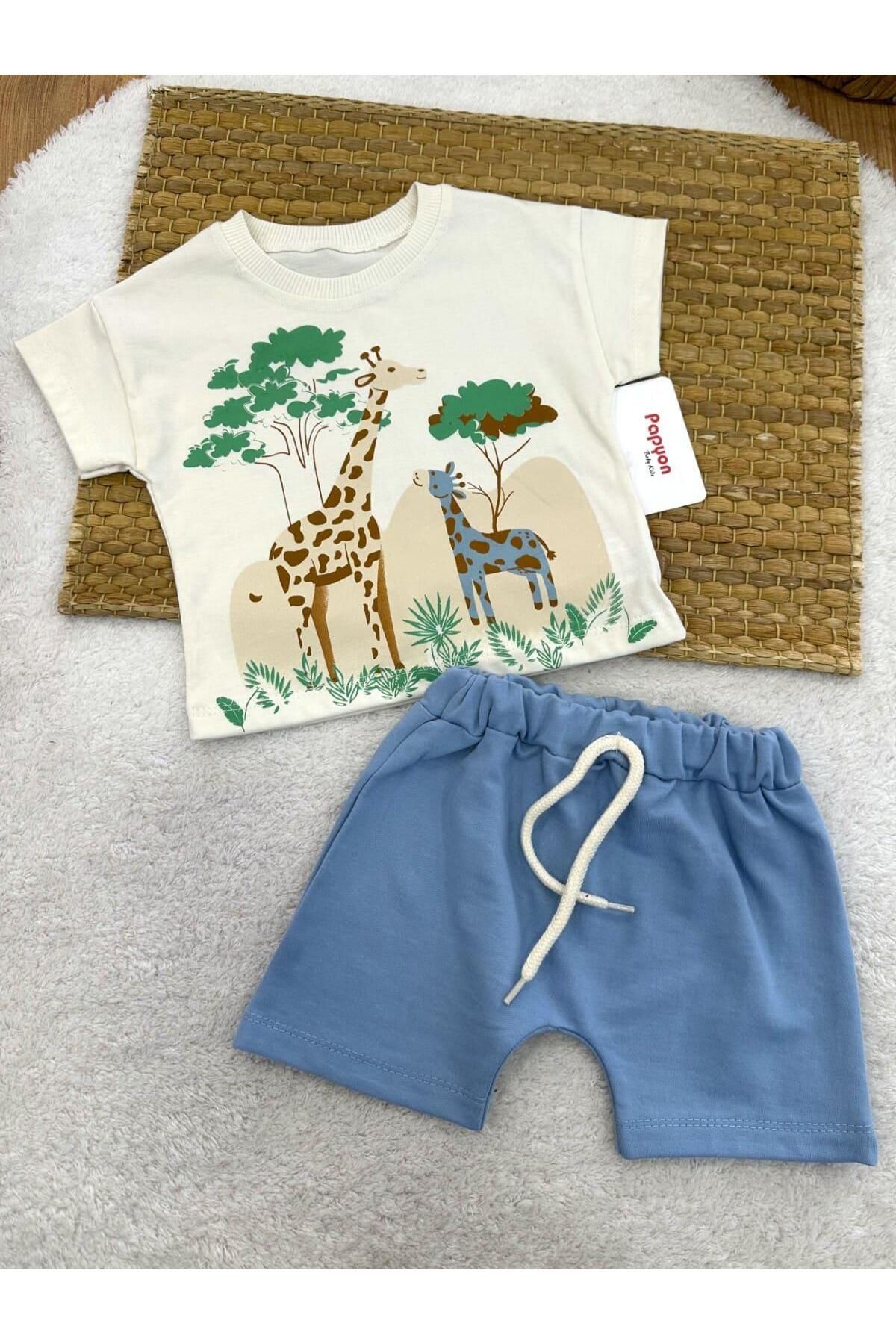Papyon Baby Kids Zürafa Baskılı Tişört Şort Erkek Bebek Penye Takım (6-9/9-12/12-18/18-24 AY)