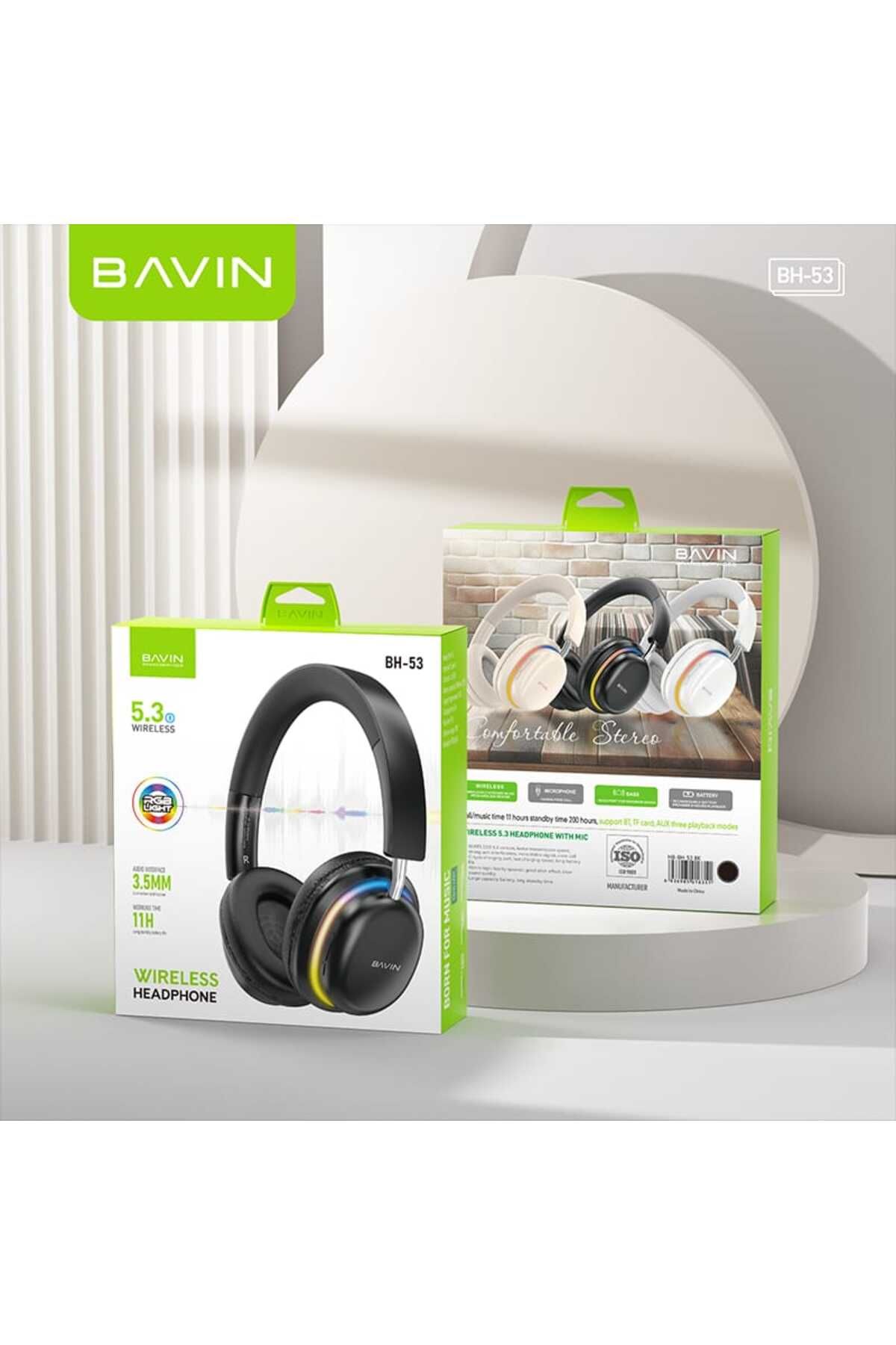 Bavin-سماعات أذن لاسلكية بتقنية البلوتوث، جودة صوت ممتازة خفيفة الوزن وقابلة لإعادة الشحن، وإضاءة RGB 3