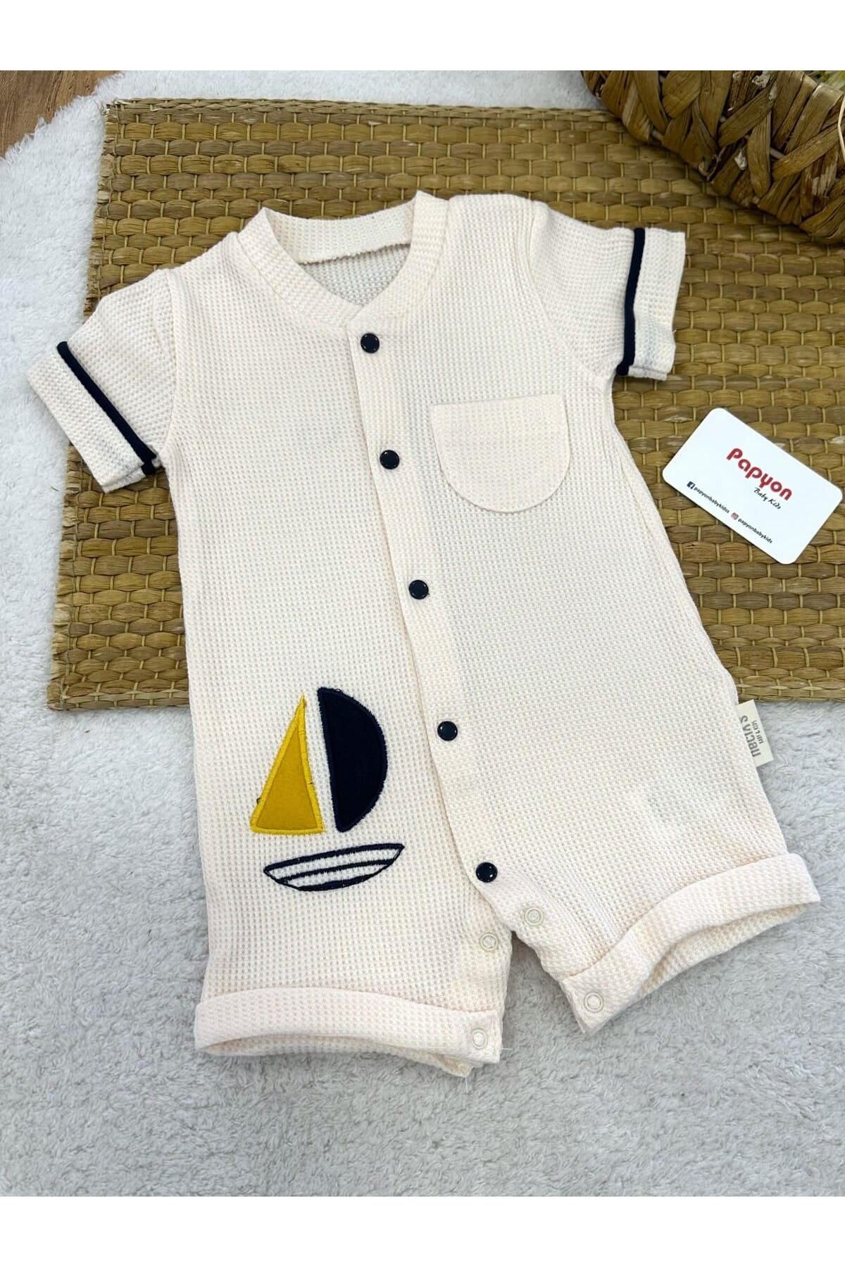 Papyon Baby Kids Yelkenli Nakışlı Cepli Erkek Bebek Waffle Yazlık Şort Tulum (3-6/6-9/9-12 Ay)