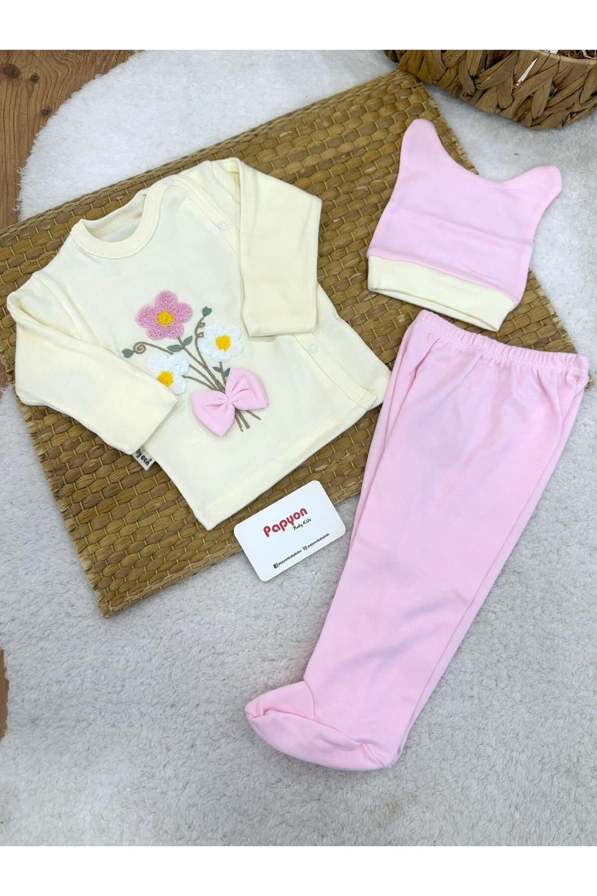 Papyon Baby Kids Süzene Çiçek Nakışlı Yenidoğan Kız Bebek 3lü Zıbın Set 0-3 Ay