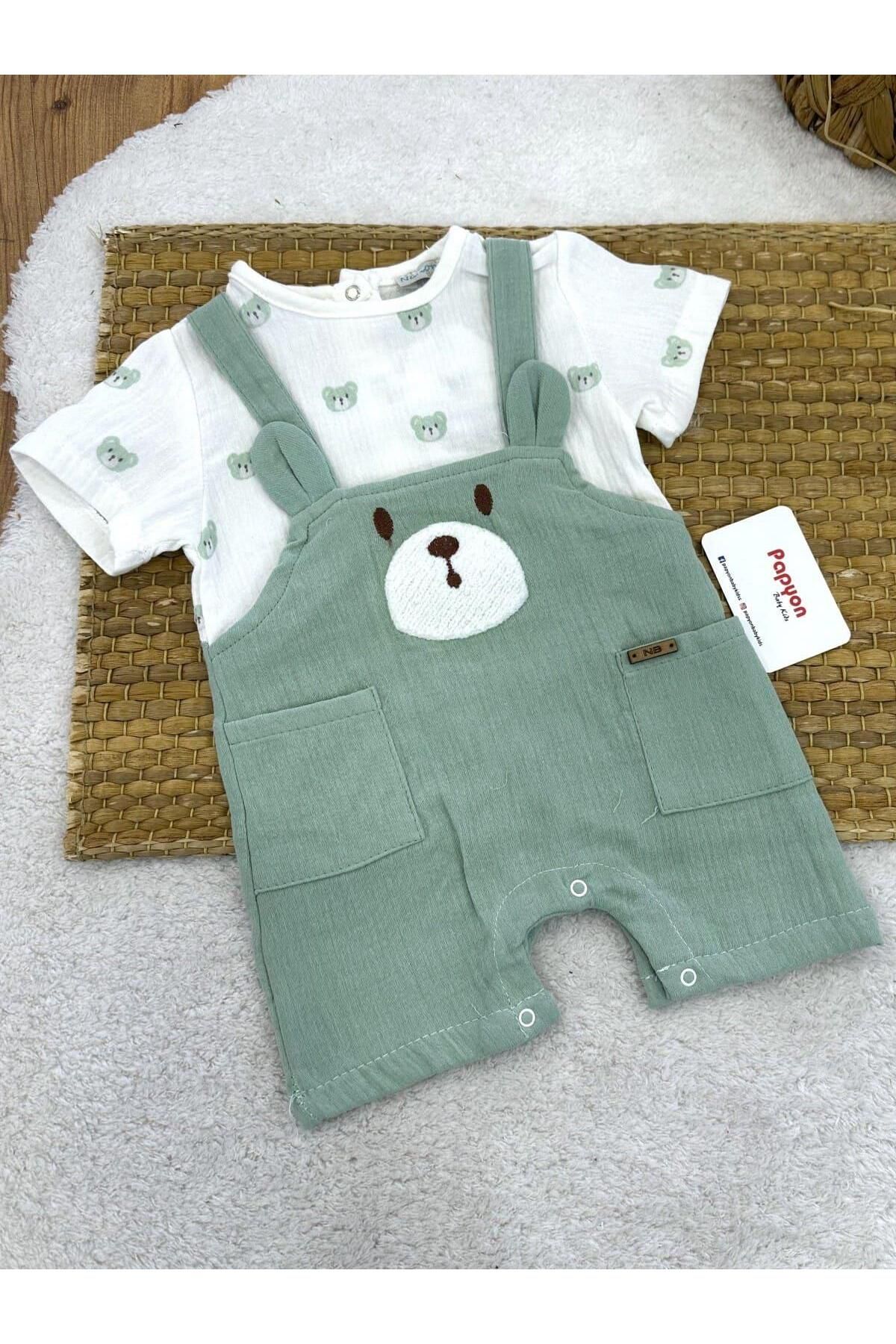 Papyon Baby Kids Süzene Ayıcık Nakışlı Erkek Bebek Salopet Görünümlü Müslin Tulum (3-6/6-9/9-12/12-18 Ay)