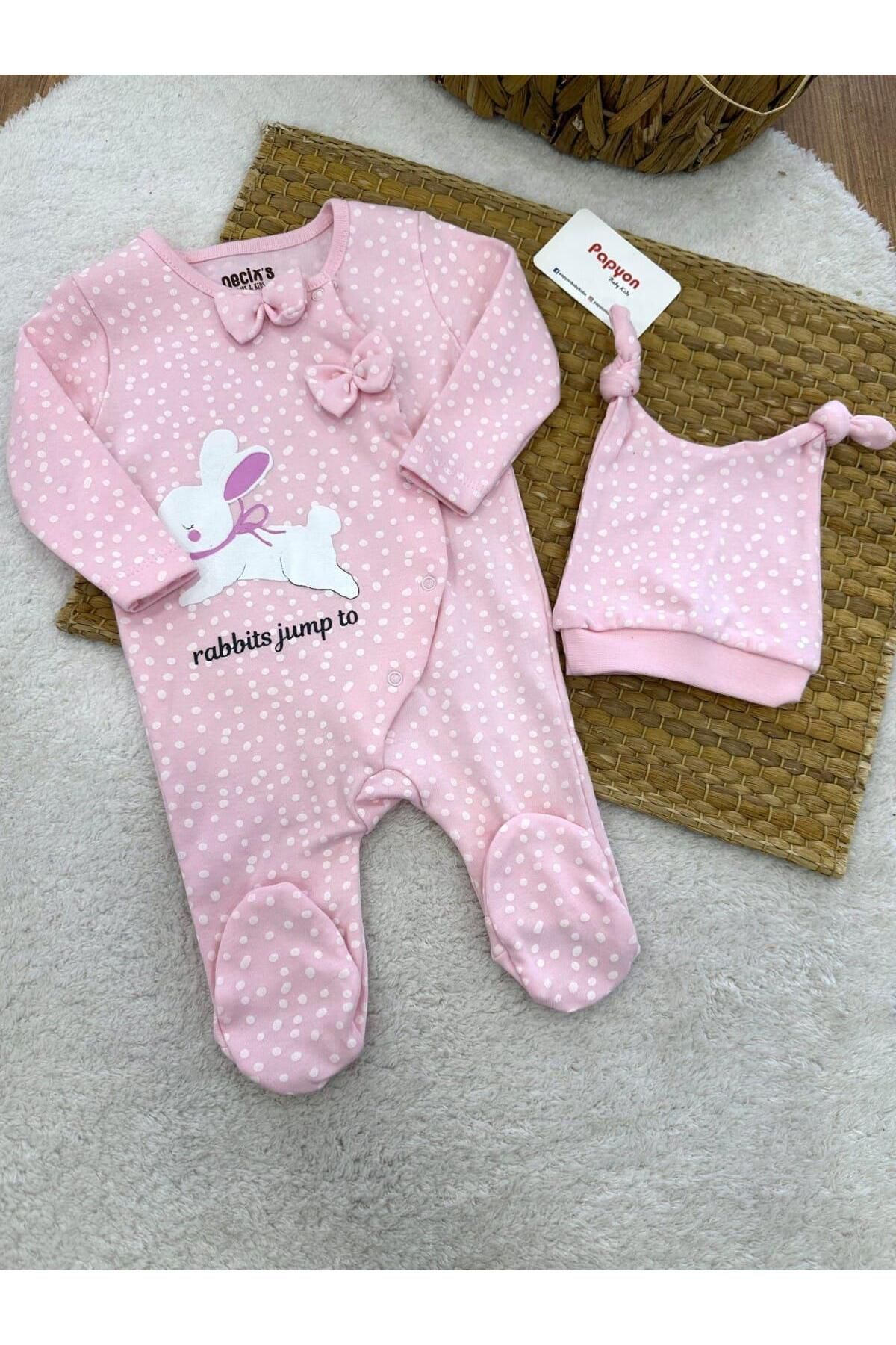 Papyon Baby Kids Tavşan Puan Baskılı Kız Bebek Bereli Soft Tulum (0-3/3-6 Ay)