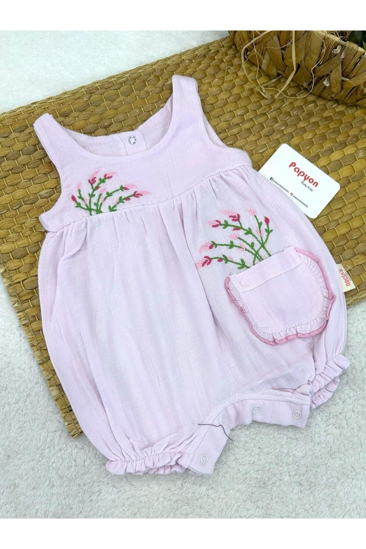 Papyon Baby Kids Lavanta Nakışlı Geniş Askılı Kız Bebek Müslin Şort Tulum (3-6/6-9/9-12 Ay)