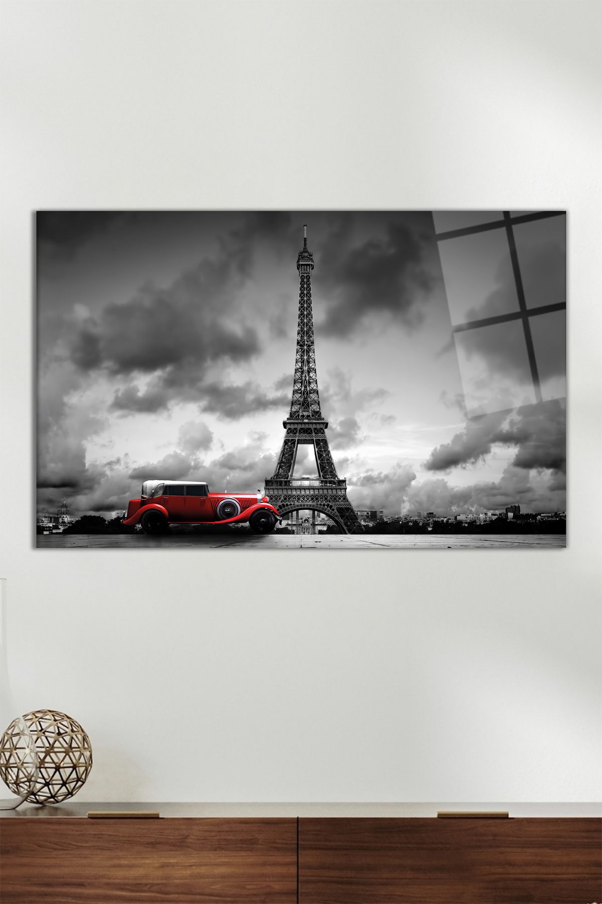Vosevu Eiffel Kulesi Kırmızı Araba Yatay Cam Tablo, Modern Ev Dekoru, Hediyelik Duvar Dekorasyonu, Kırılmaz