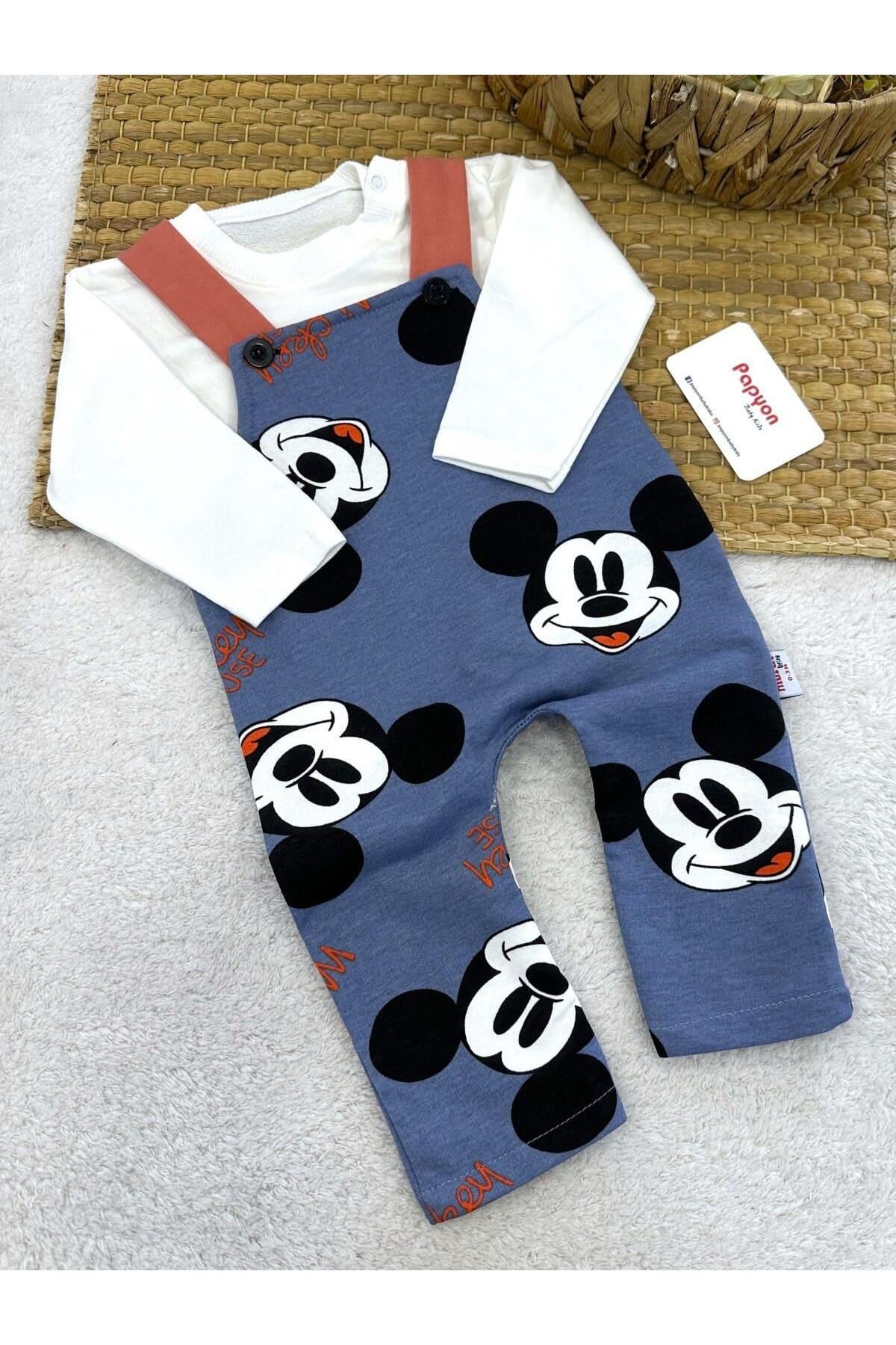 Papyon Baby Kids Düz Badili Mickey Mouse Baskılı Penye Salopet Erkek Bebek 2li Takım (0-3/3-6/6-9/9-12 Ay)