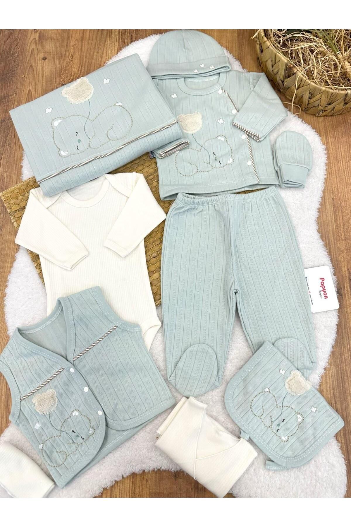 Papyon Baby Kids Süzene Ayıcık Nakışlı Jakarlı Yenidoğan Uniseks Bebek 10lu Zıbın Set Hastane Çıkışı