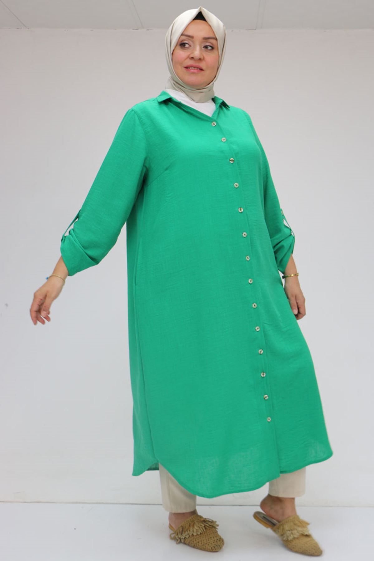 Eslina Kolları Katlamalı Erkek Yaka Keten Tunik - Benetton