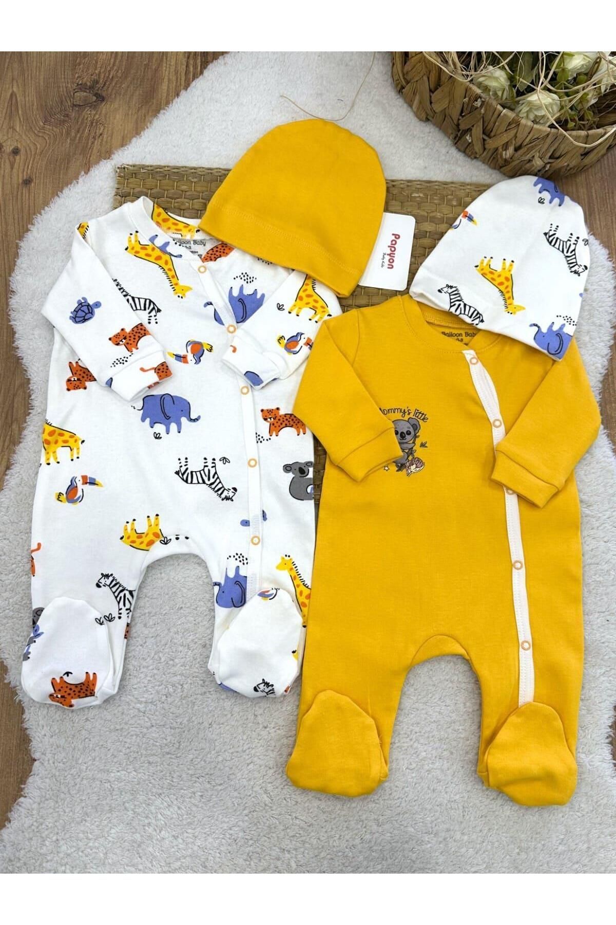 Papyon Baby Kids Safari Hayvanları Baskılı Erkek Bebek 2li Patikli Tulum Set 0-3/3-6 Ay