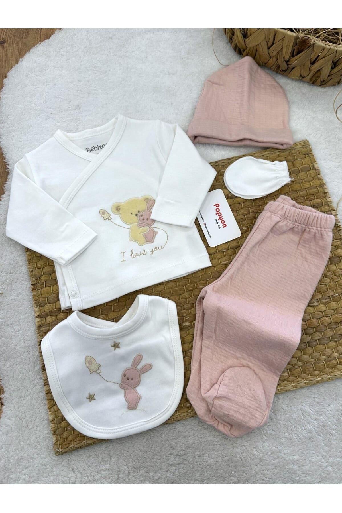 Papyon Baby Kids Sevimli Ayıcık Tavşan Nakışlı Yenidoğan Kız Bebek 5li Zıbın Set