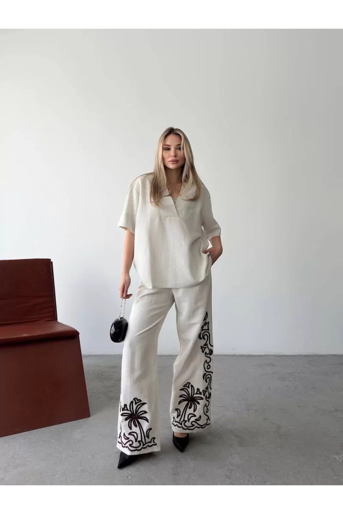BBbutik Keten Kısa kolu V Yaka Bluz Pantolon ikili Takım