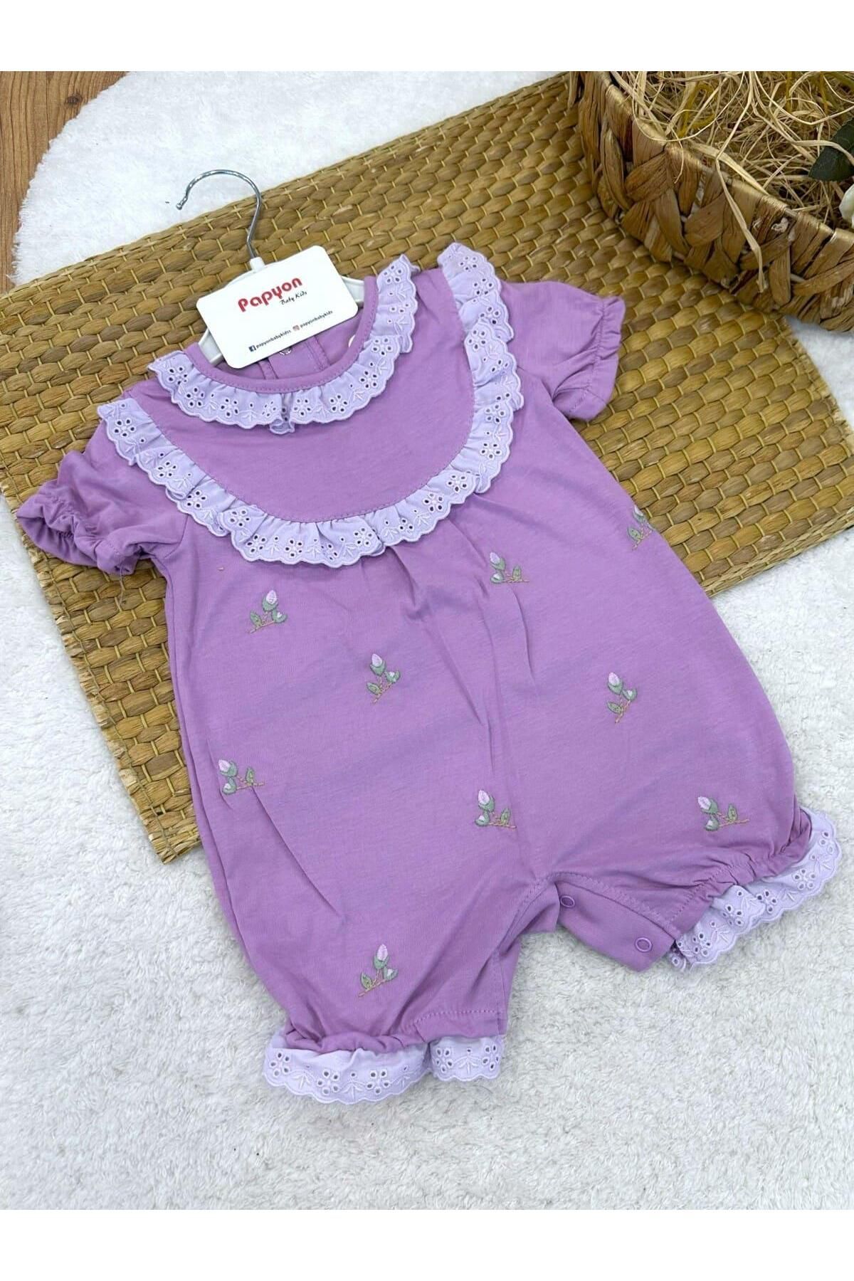 Papyon Baby Kids Güpürlü Yakalı Lale Nakışlı Kız Bebek Şort Tulum (3-6/6-9/9-12 Ay)