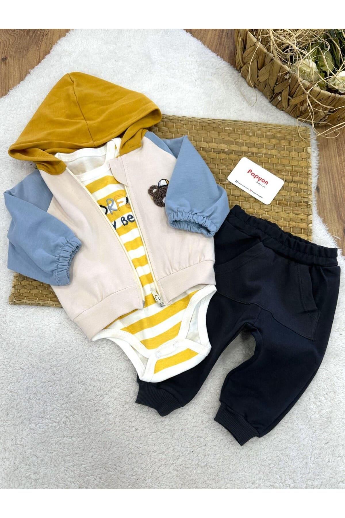 Papyon Baby Kids Colorful Süzene Ayıcık Nakışlı Kapşonlu Hırkalı Erkek Bebek 3lü Takım (3-6/6-9 Ay)