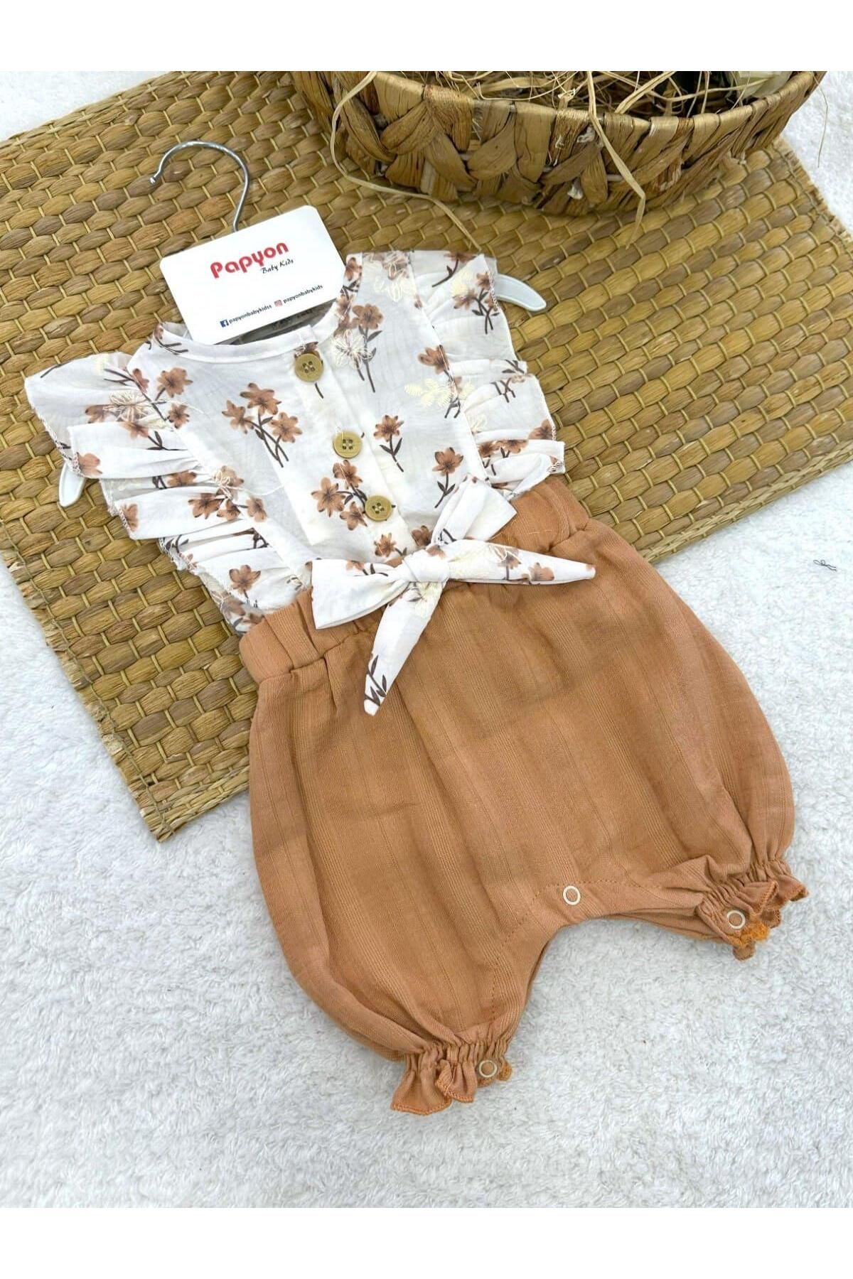 Papyon Baby Kids Çiçek Desenli Fiyonklu Kız Bebek Şort Tulum (3-6/6-9/9-12/12-18 Ay)