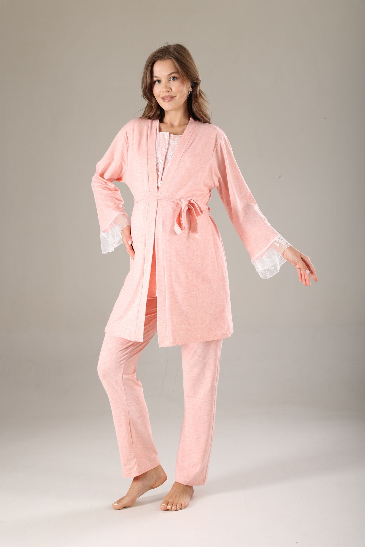 Lohusa Homewear Pembe Melanj Dantel Tasarımlı Pamuklu Sabahlıklı Hamile Lohusa Pijama Takımı