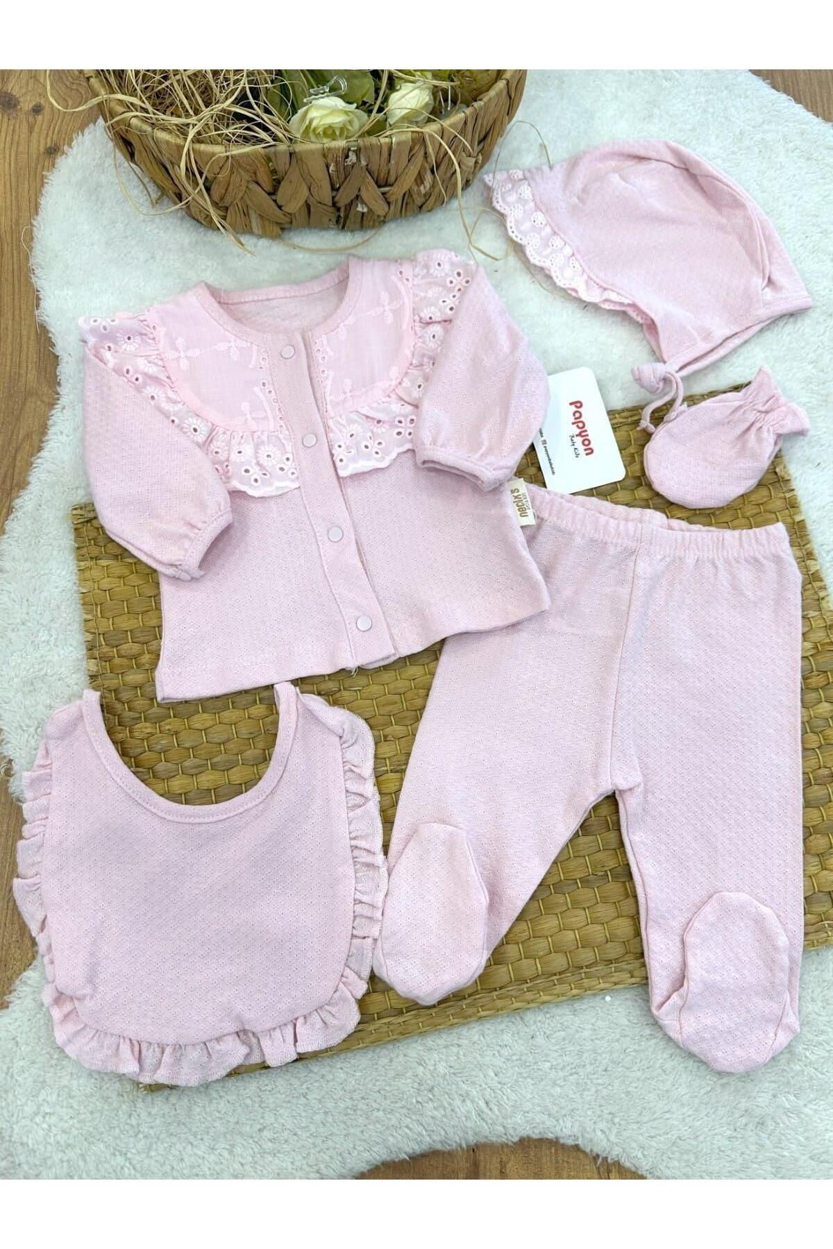 Papyon Baby Kids Yalinga Güpürlü Yenidoğan Kız Bebek 5li Zıbın Set Hastane Çıkışı
