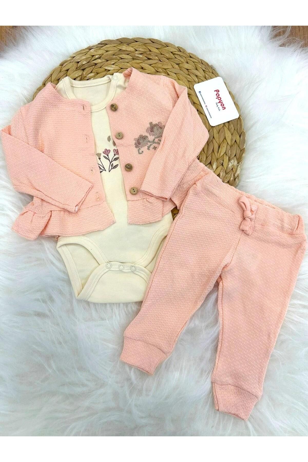 Papyon Baby Kids Kanaviçe Çiçek Nakışlı Natural Kız Bebek Hırkalı 3lü Takım 0-3/3-6/6-9/9-12 Ay