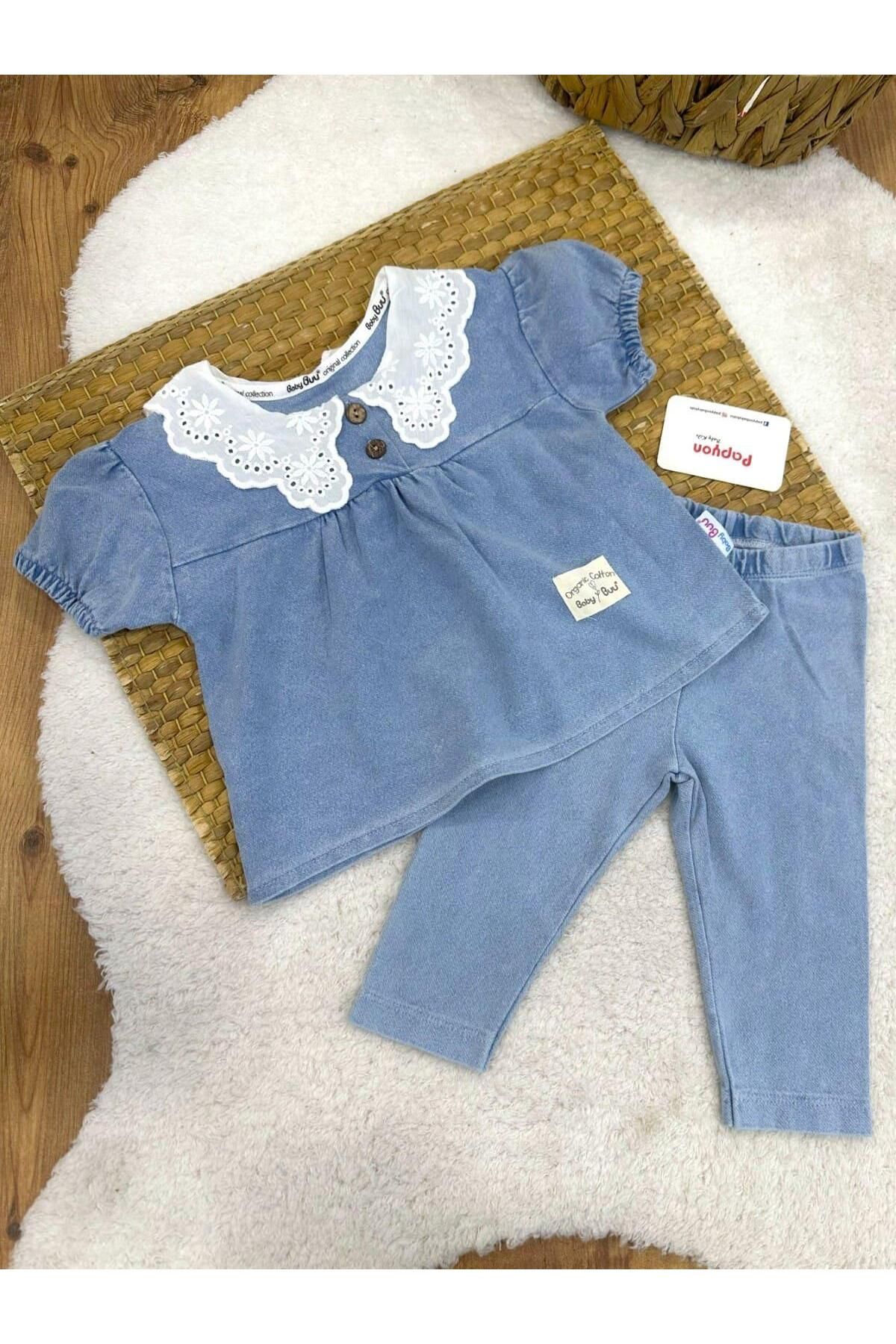 Papyon Baby Kids Güpür Yakalı Kız Bebek Taytlı Kot Takım (6-9/9-12/12-18/18-24 Ay)