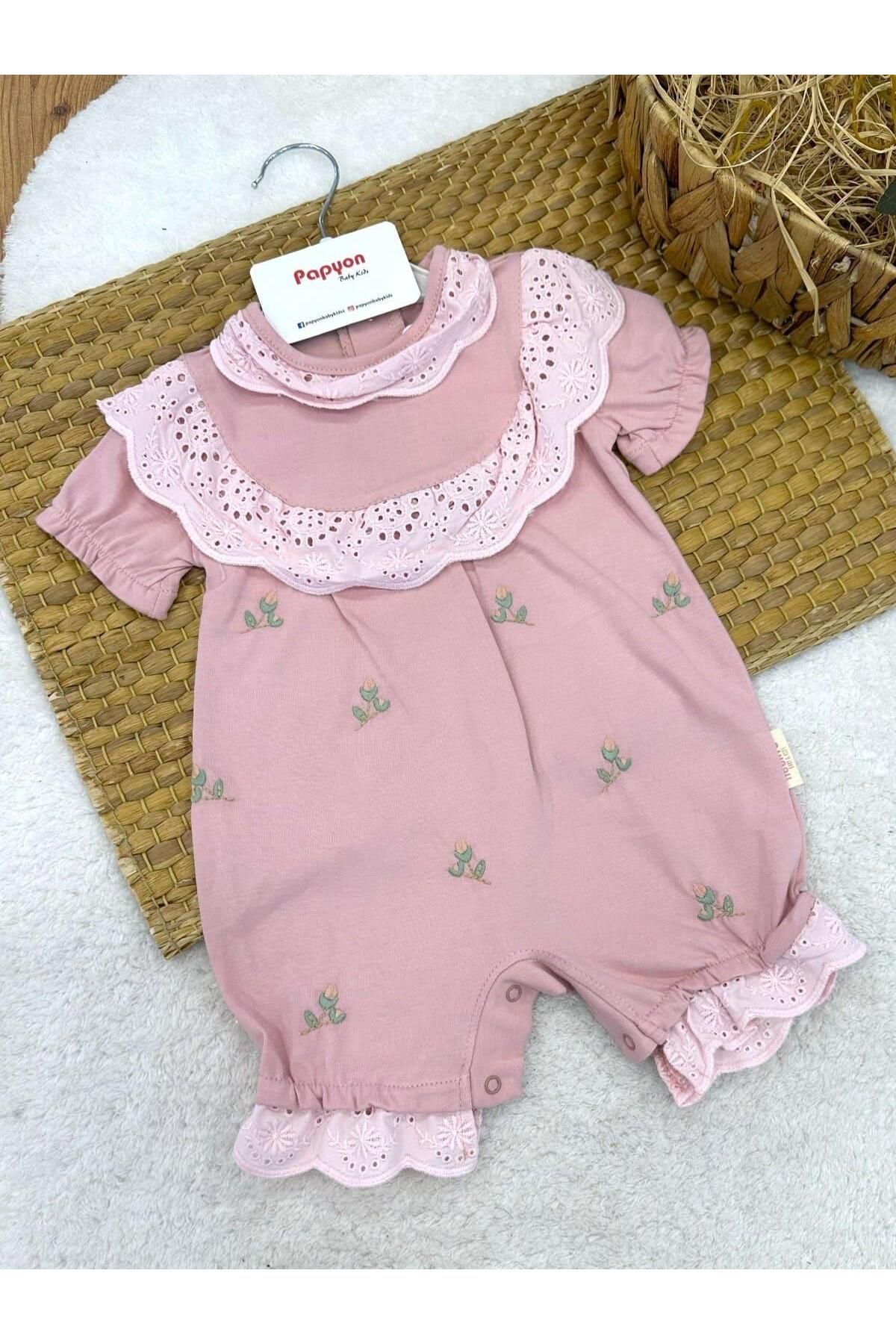 Papyon Baby Kids Güpürlü Yakalı Lale Nakışlı Kız Bebek Şort Tulum (3-6/6-9/9-12 Ay)