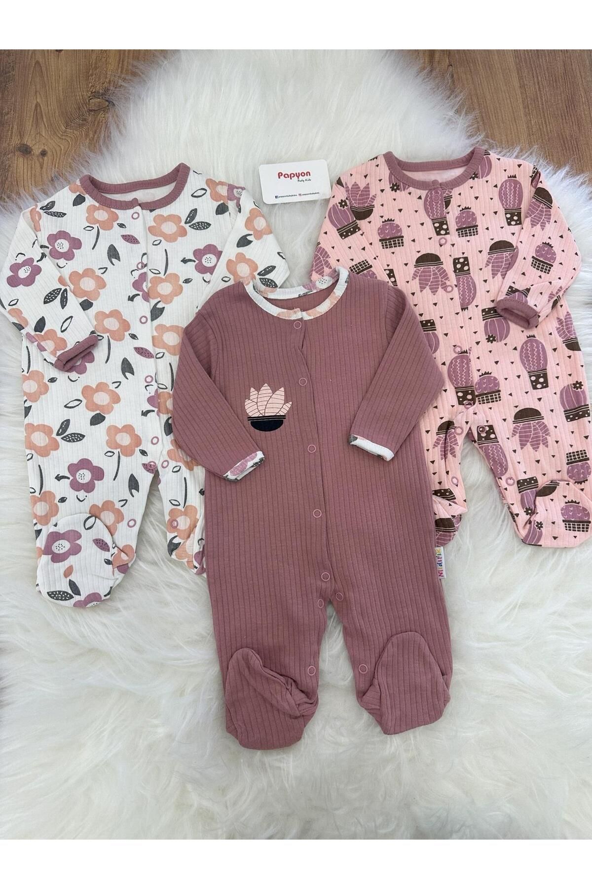 Papyon Baby Kids Çiçekli Kaktüslü Kız Bebek Patikli 3lü Tulum Set 0-3/3-6/6-9 Ay