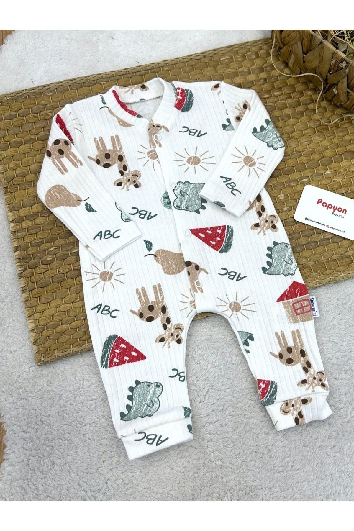 Papyon Baby Kids Hayvanlar Baskılı Fitilli Uniseks Bebek Tulum (0-3/3-6/6-9 Ay)