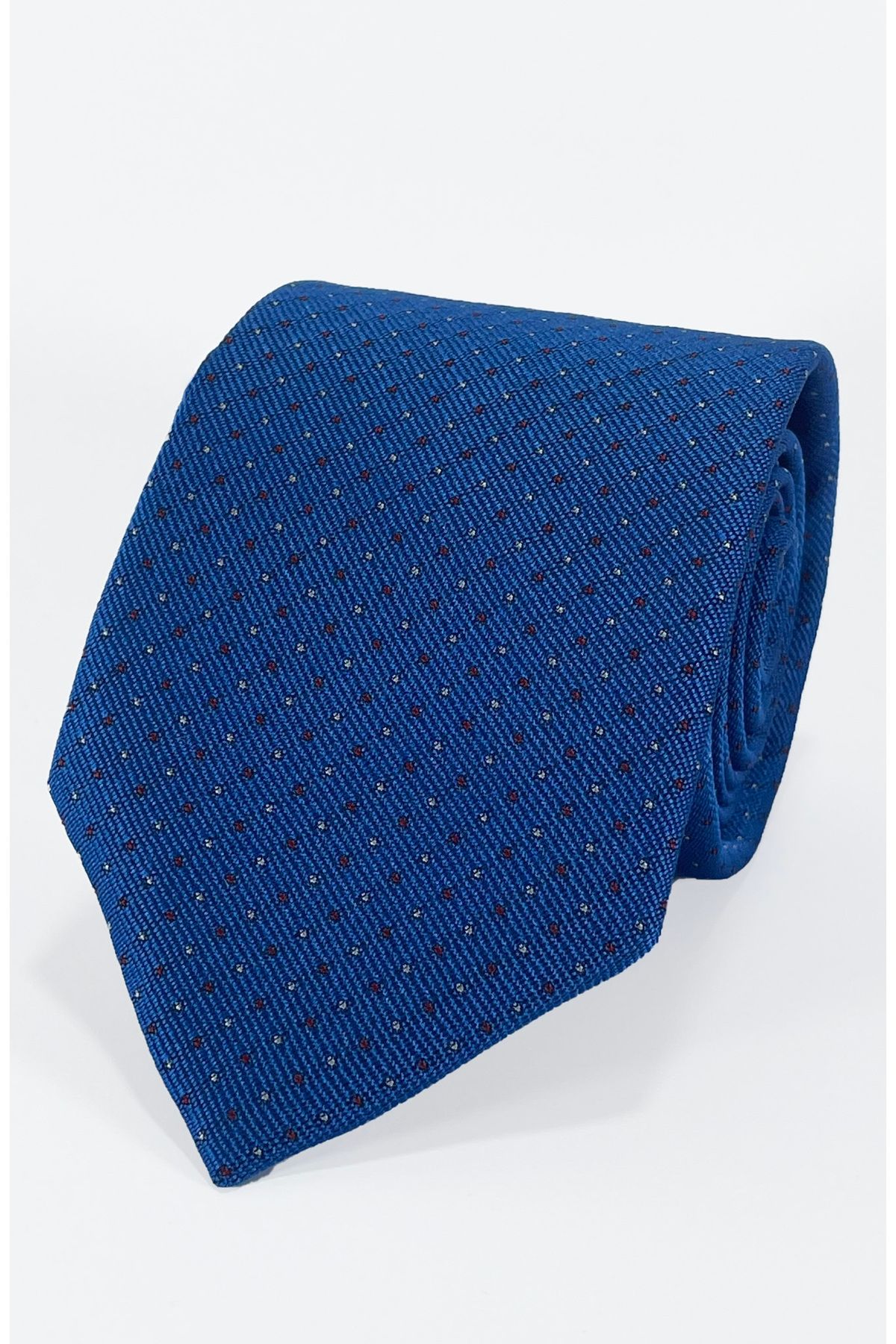 BLC Basic Line Co. Saks Mavi Zemin Üzeri Beyaz & Kırmızı Nokta Desenli Mikrofiber Kravat Ve Mendil - 7 Cm Modern Kesim