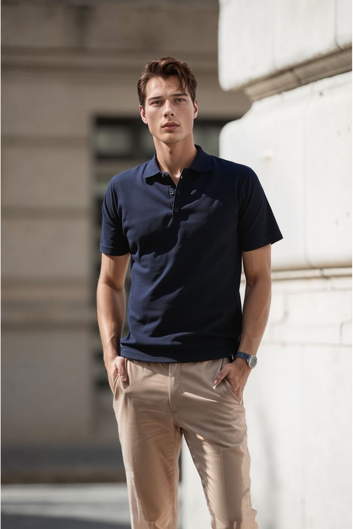 ROZELT Erkek Koyu Lacivert Pamuklu Polo Yaka T-shirt