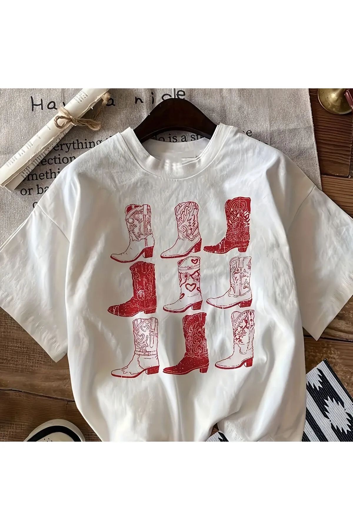 Koklonmoda Büyük Beden Unisex Kovboy Ayakkabı Baskılı Oversize T-Shirt