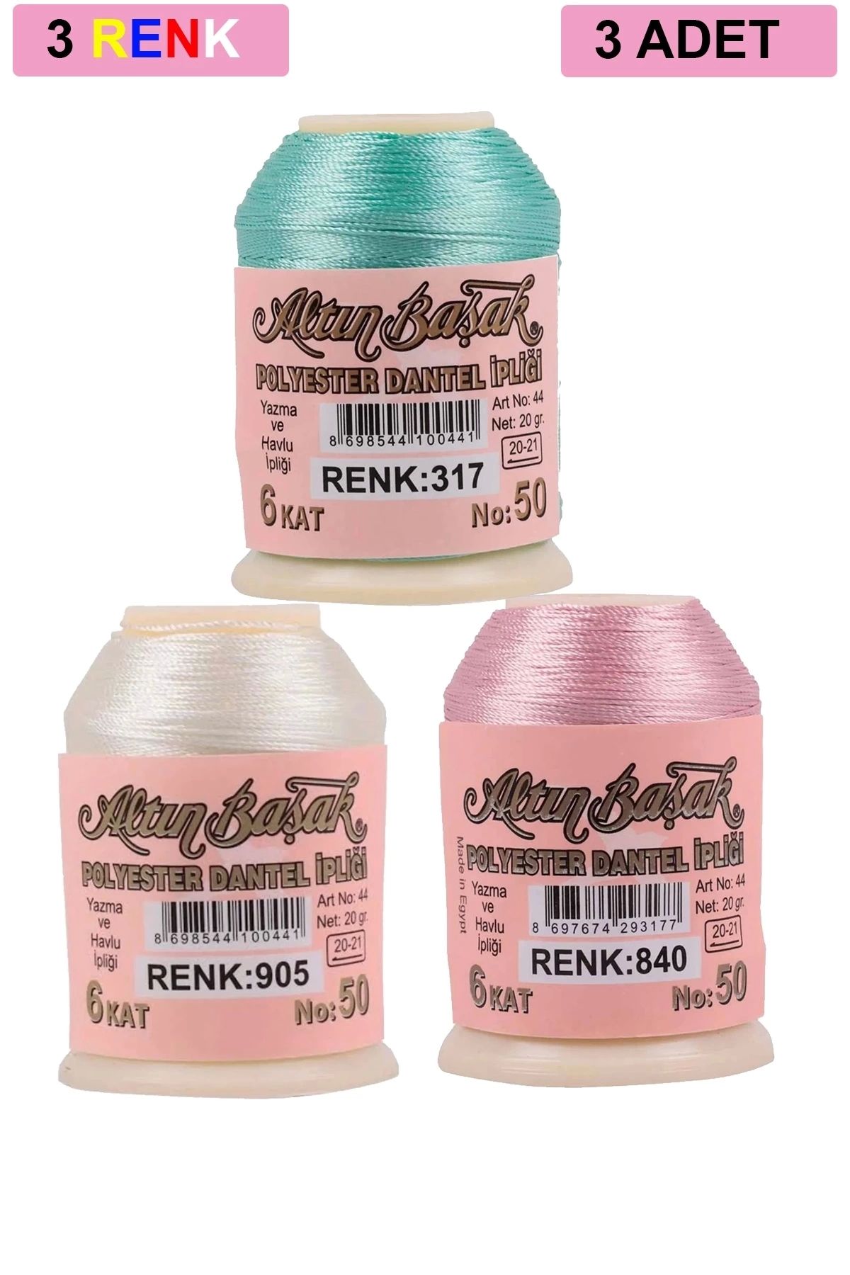 PRATİKOBA 3 Adet Altınbaşak Oya ve Dantel İpi 20 gr - Royaleks - No: 905 - 840 - 317