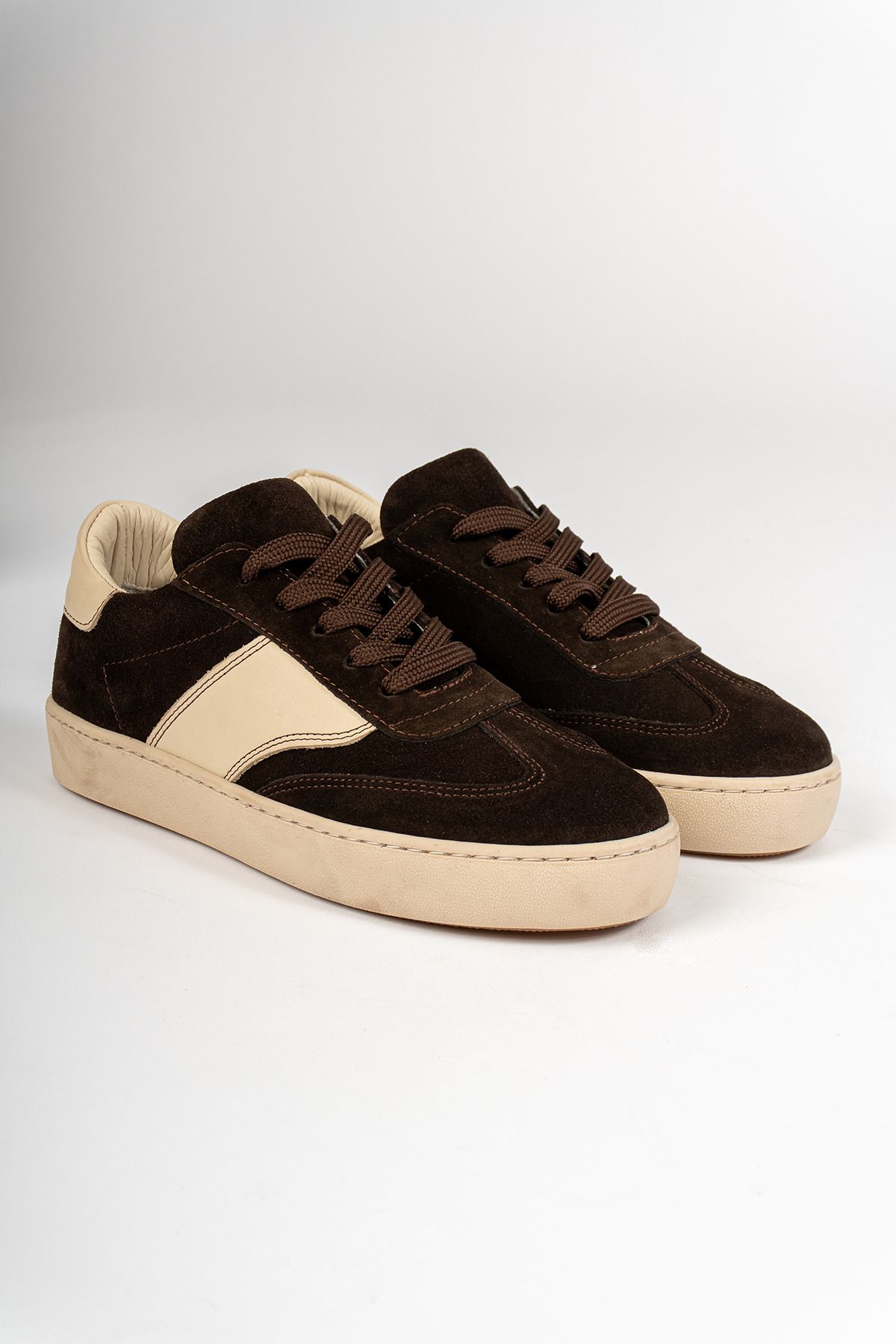 alkushoes Hakiki Deri Kadın Sneaker Kahverengi Bağcıklı Şerit Detaylı Günlük Spor Ayakkabı