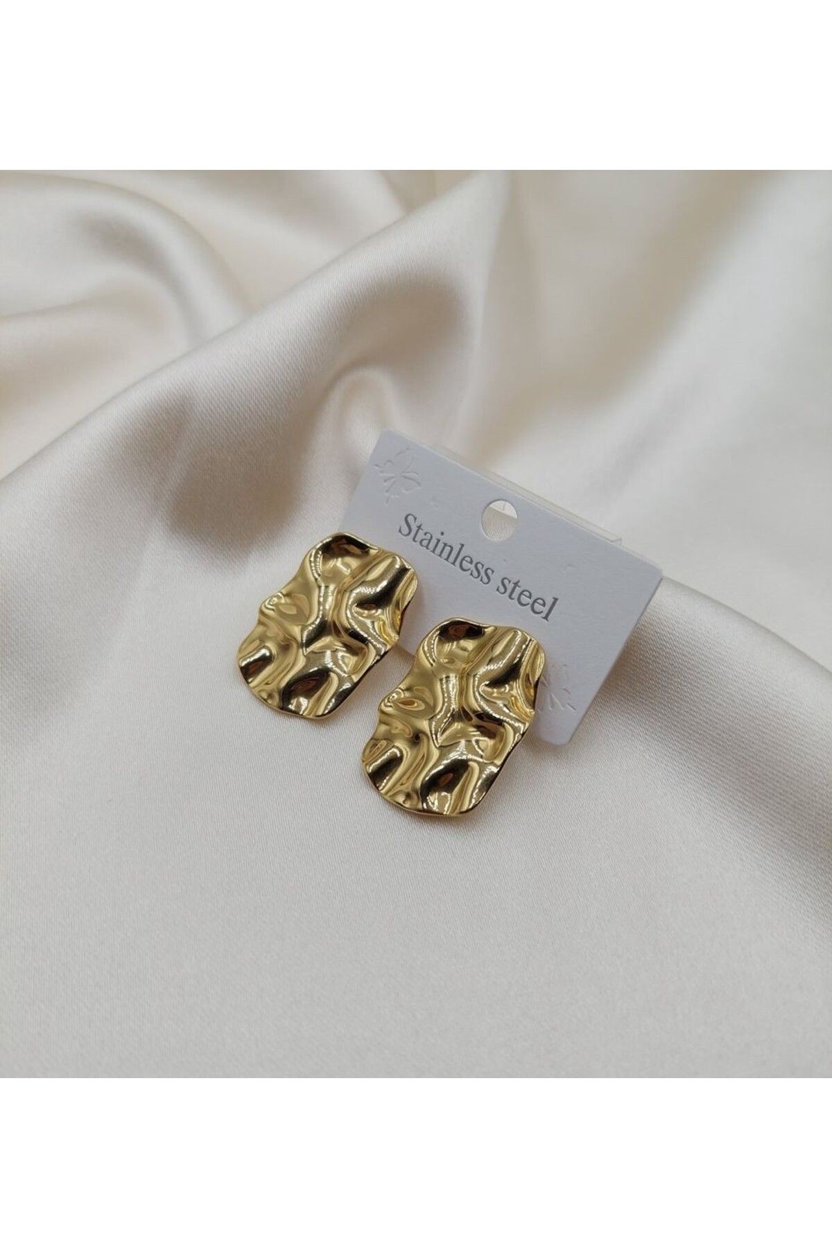 Çelik Çelik Gold Renk Kırışık Plaka Küpe