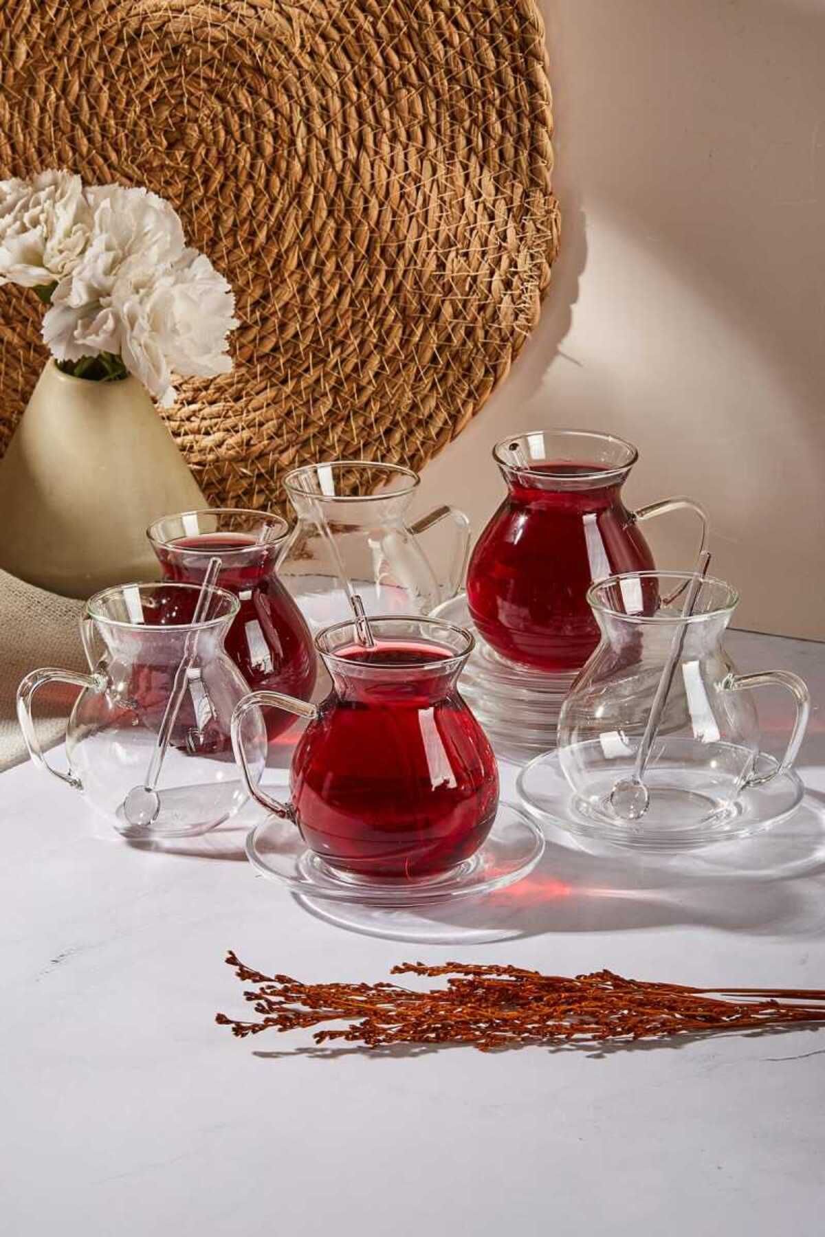 CENGİZ ÇEYİZ Keyfi Ala 18 Parça Cam Tabaklı 200 ml Çay Seti PER16475