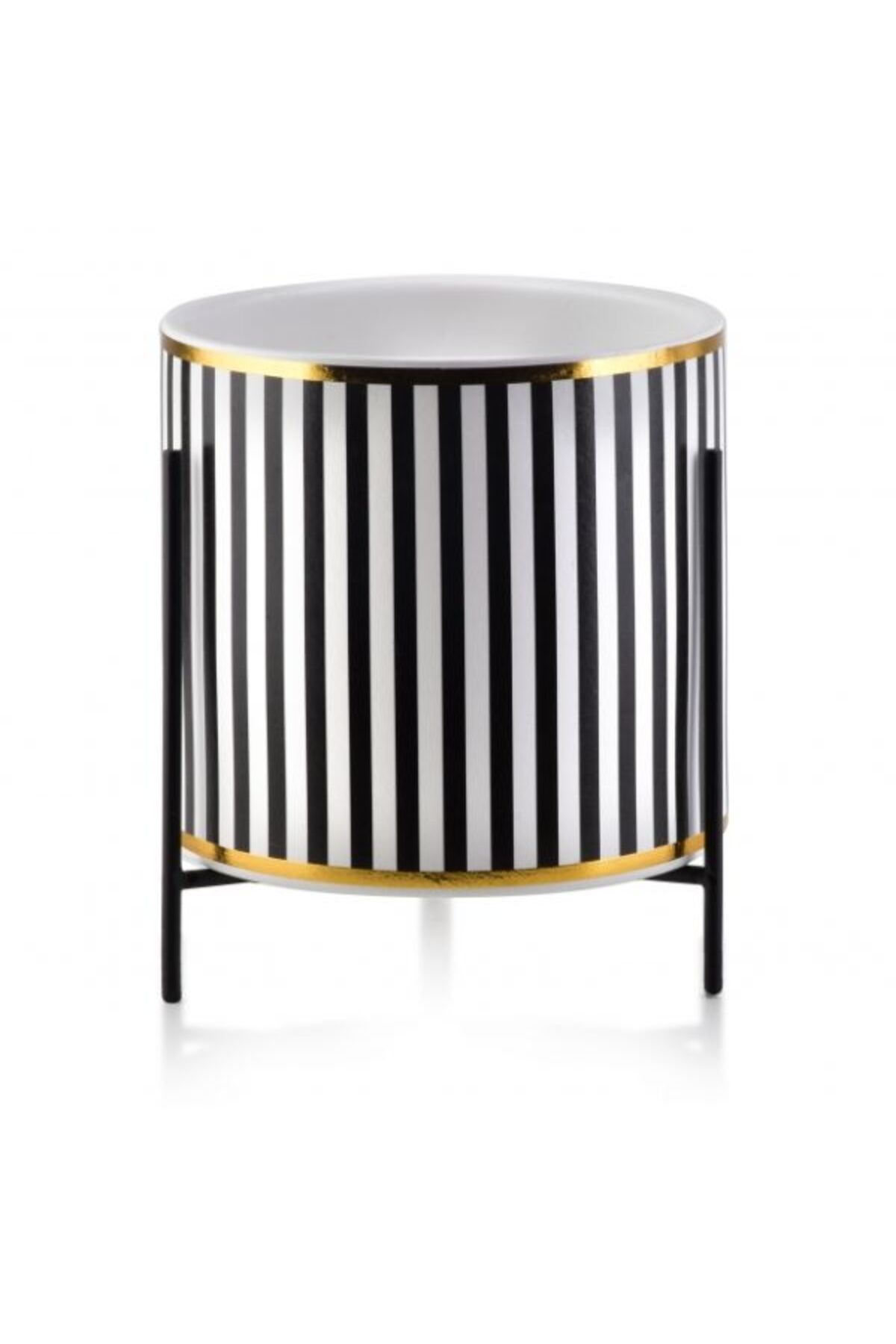 Evelise Ghiveci De Flori De Lux Cu Suport Metalic, Ø 12,5, Înălțime 12 Cm, Alb Cu Negru, Model Cu Dungi Verticale - One Size