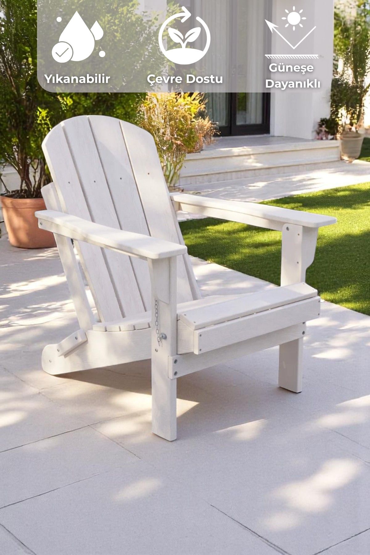 Sevinse Home HDPE Beyaz Adirondack Klasik Katlanır Sandalye, Balkon, Bahçe Mobilyası, Teras Takımı