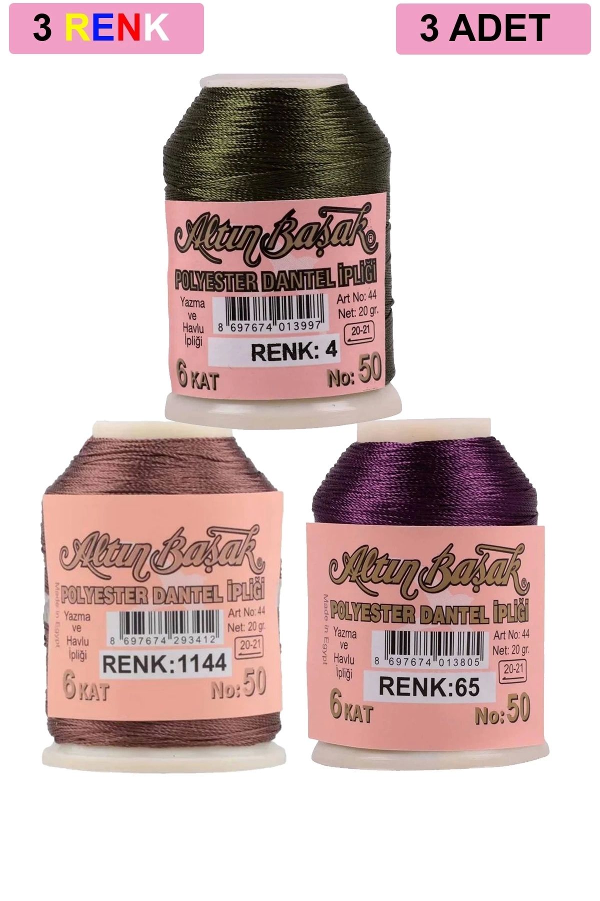 PRATİKOBA 3 Adet Altınbaşak Oya ve Dantel İpi 20 gr - Royaleks - No: 1144 - 065 - 004
