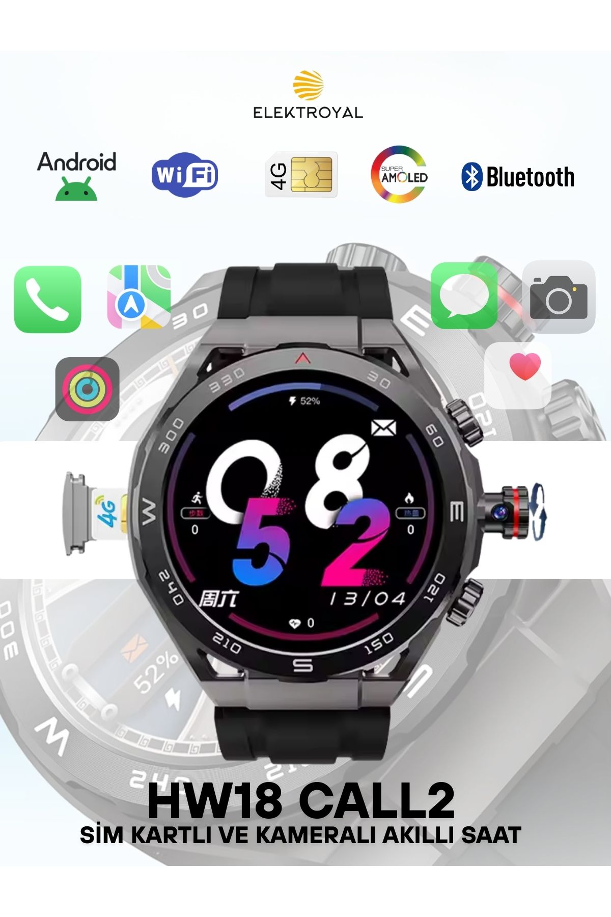 howear HW18 Call 2 BTK Sim Kartlı Kameralı Amoled Ekran GPS Yeni Nesil Özellikler Android Akıllı Saat