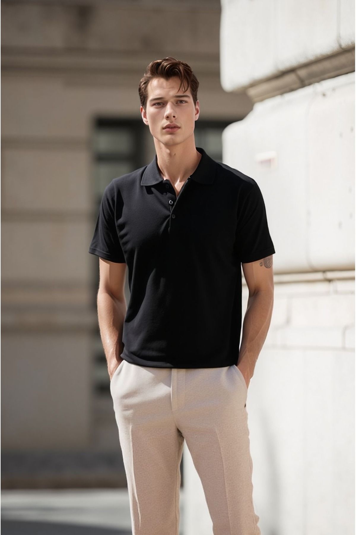 ROZELT Erkek Siyah Pamuklu Polo Yaka T-shirt