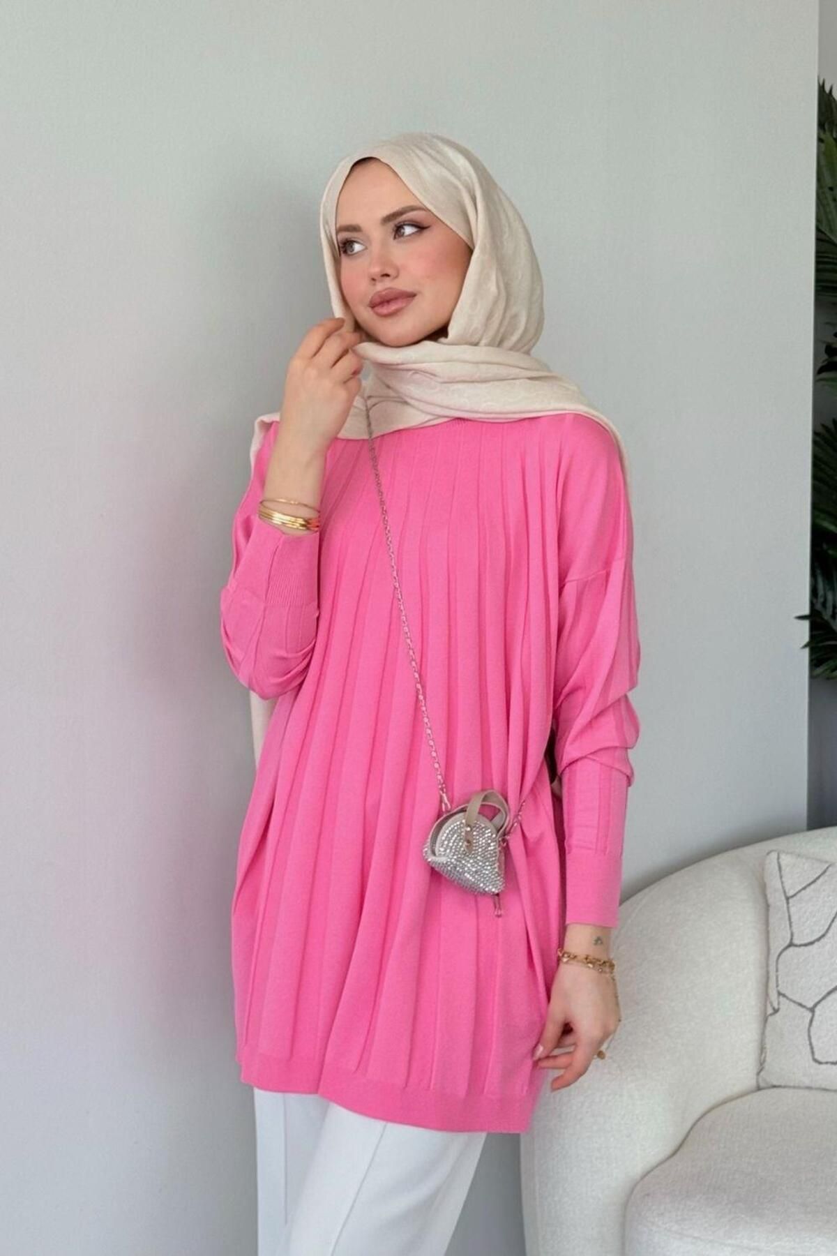 Şulemoda Giyim Gökkuşağı Merserize Tunik Pembe