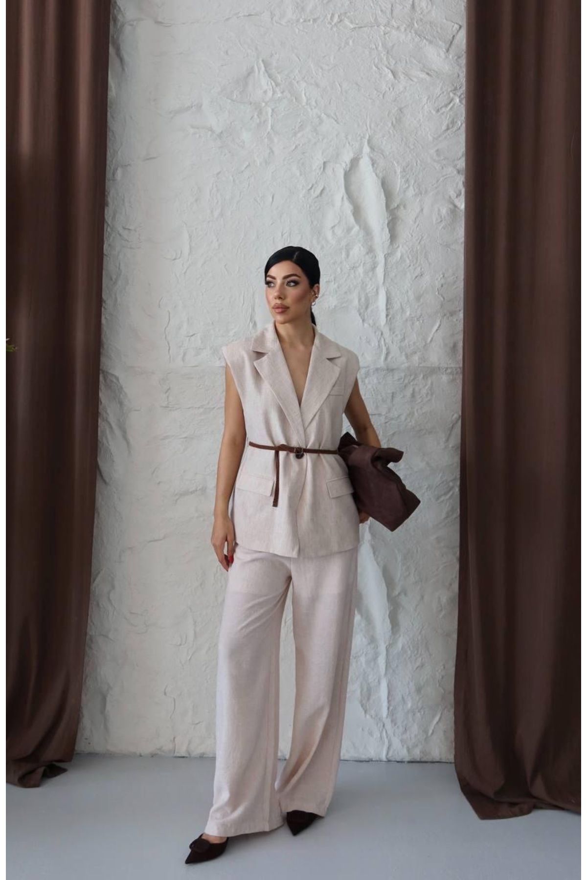 Ekim Store Keten Kemerli İkili Yelekli Blazer Takım