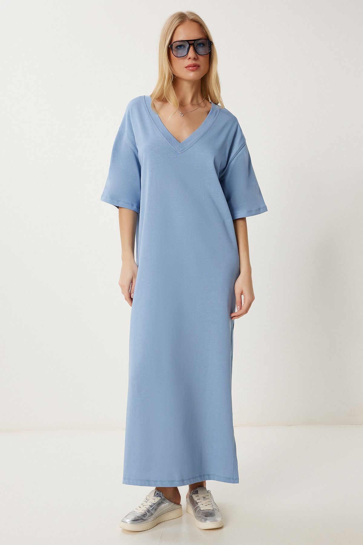 Lovelyİstanbul Oversize Basic Yazlık Esnek Örme Elbise MAVİ LUB0113