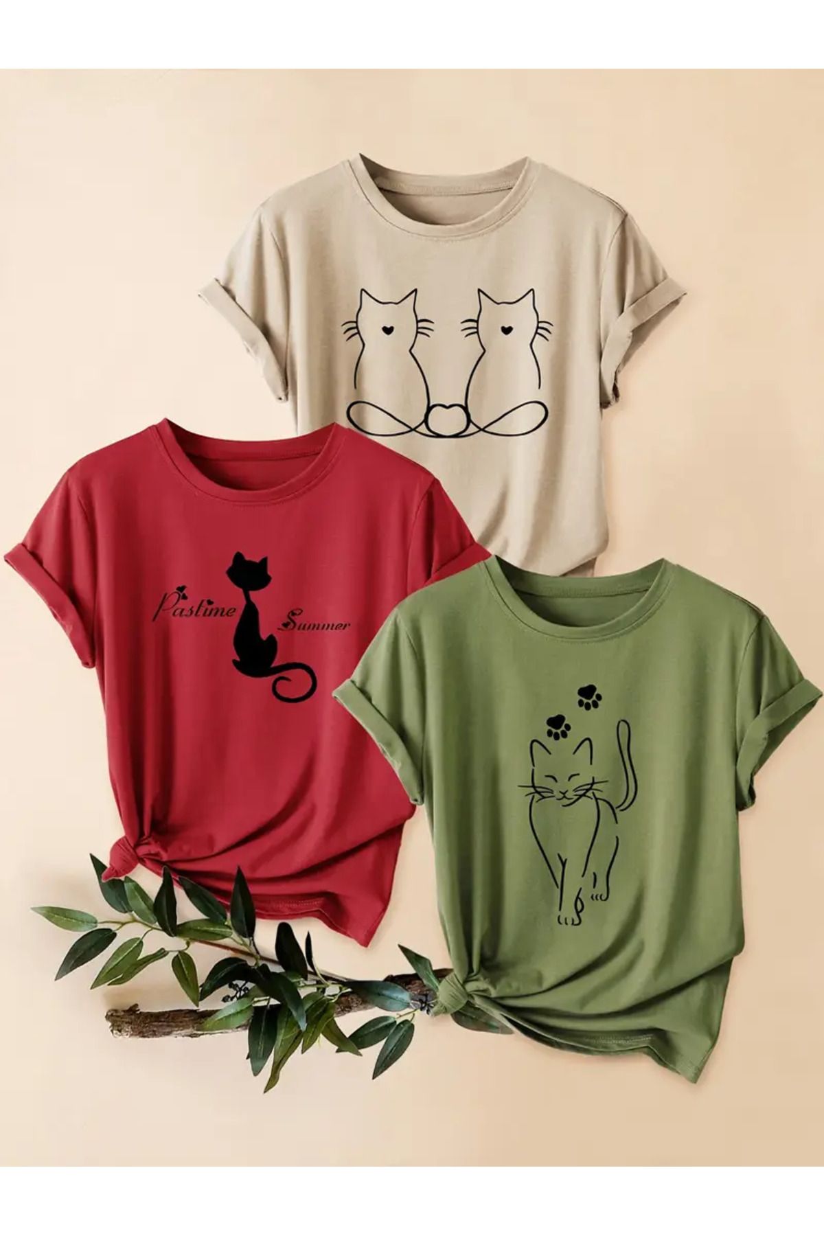 bellanova 3'lü Kadın Oversize Kedi Desenli Tişört Seti – Farklı Renk ve Baskı Seçenekleri