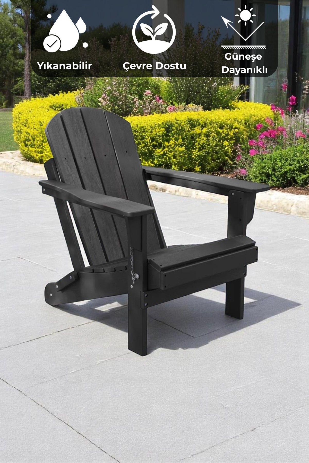 Sevinse Home HDPE Siyah Adirondack Klasik Katlanır Sandalye, Balkon, Bahçe Mobilyası, Teras Takımı