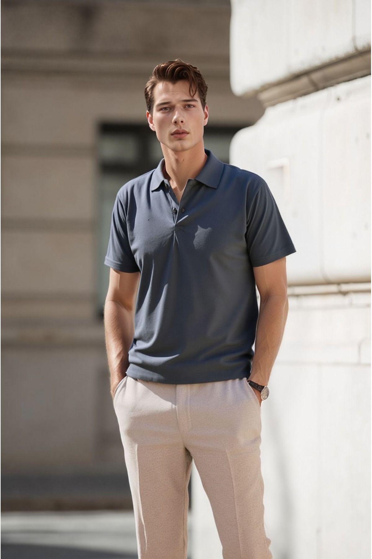 ROZELT Erkek Antrasit Pamuklu Polo Yaka T-shirt
