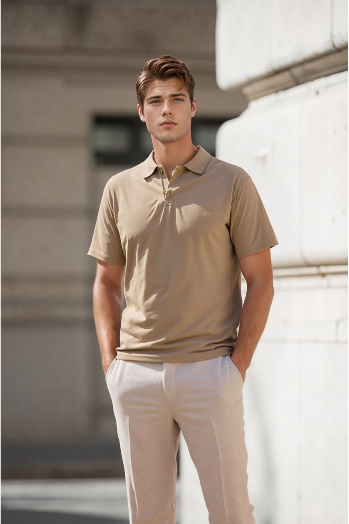 ROZELT Erkek Bej Pamuklu Polo Yaka T-shirt