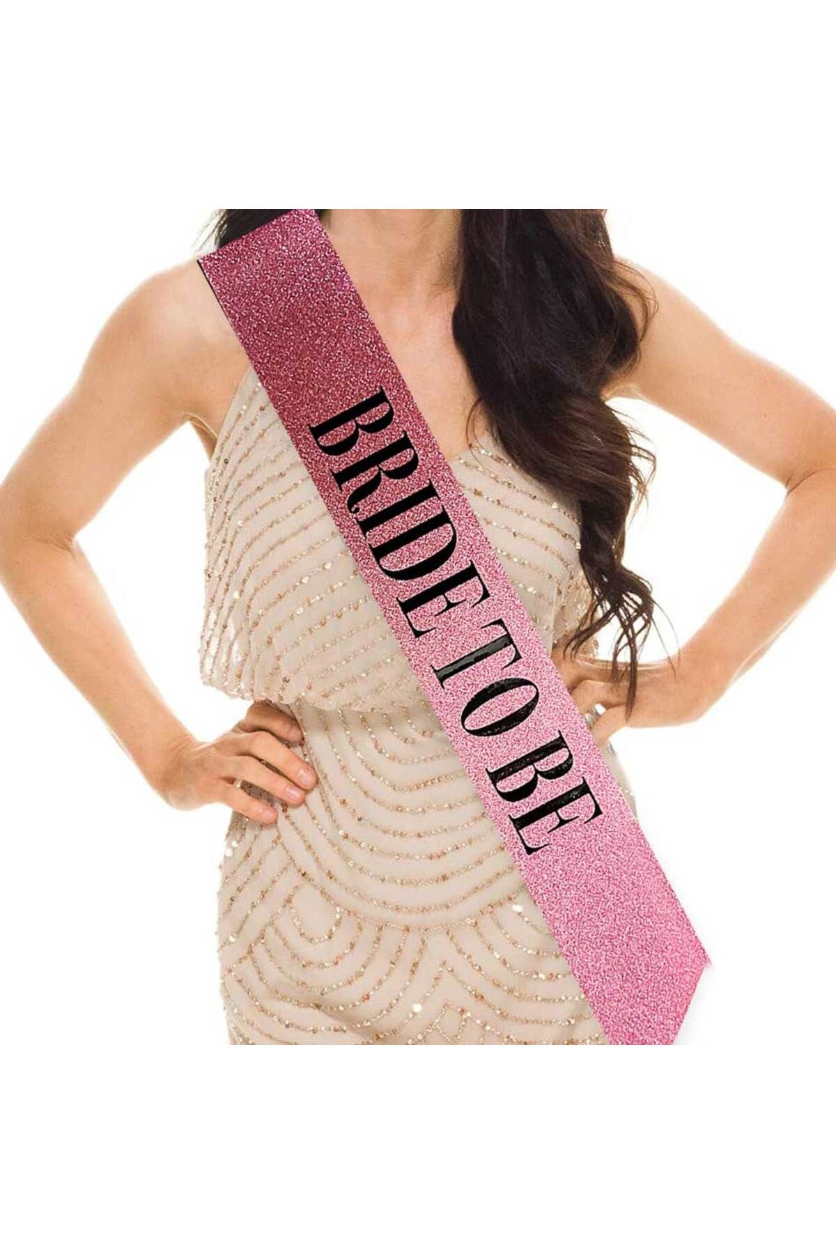 Epilons Pembe Üzeri Siyah Kalın Bride To Be Yazılı Simli Işıltılı Kuşak Kemer 10x80 cm