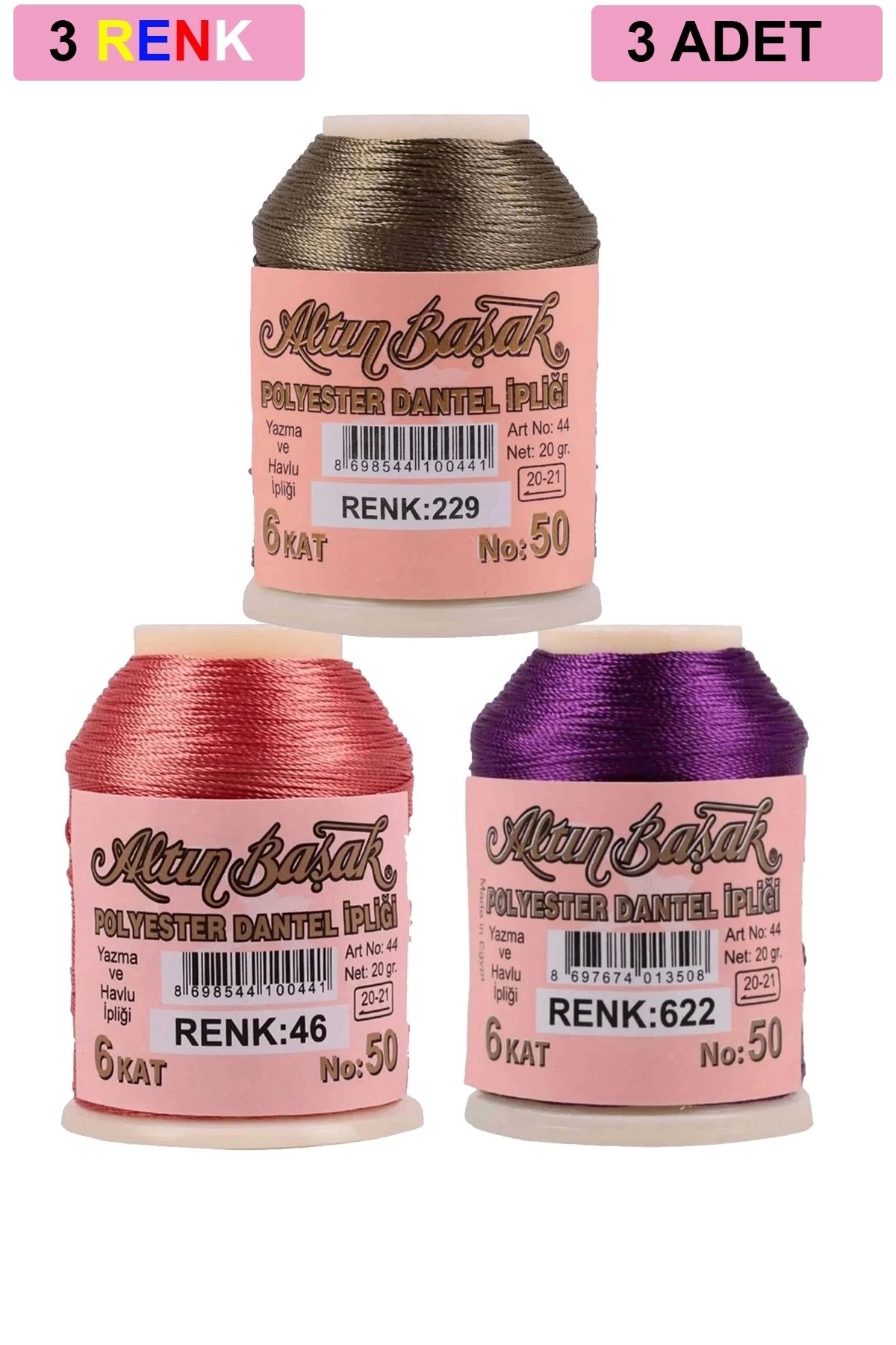 PRATİKOBA 3 Adet Altınbaşak Oya ve Dantel İpi 20 gr - Royaleks - No: 046 - 622 - 229