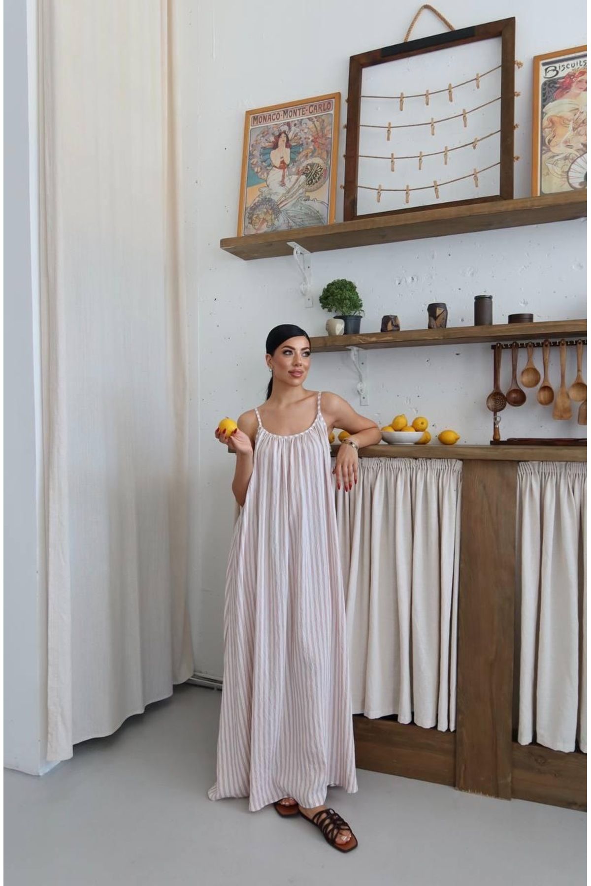 Ekim Store Çizgili İp Askılı Pileli Keten Maxi Elbise